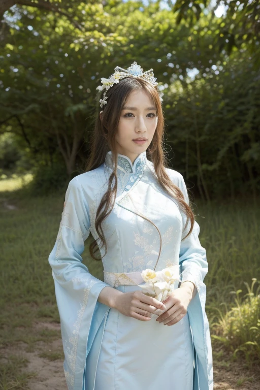 A woman in a blue and white dress、Woman with flowers on her head, Hanfu, palace, Girl wearing Hanfu, blue Hanfu, White Hanfu, Dressed in ancient Chinese costumes, ((Beautiful fantasy queen)), ancient Chinese Princess, Chinese, Chinese traditional clothing, Chinese Clothing, Beautiful fantasy queen, Chinese Princess, Traditional Beauty,