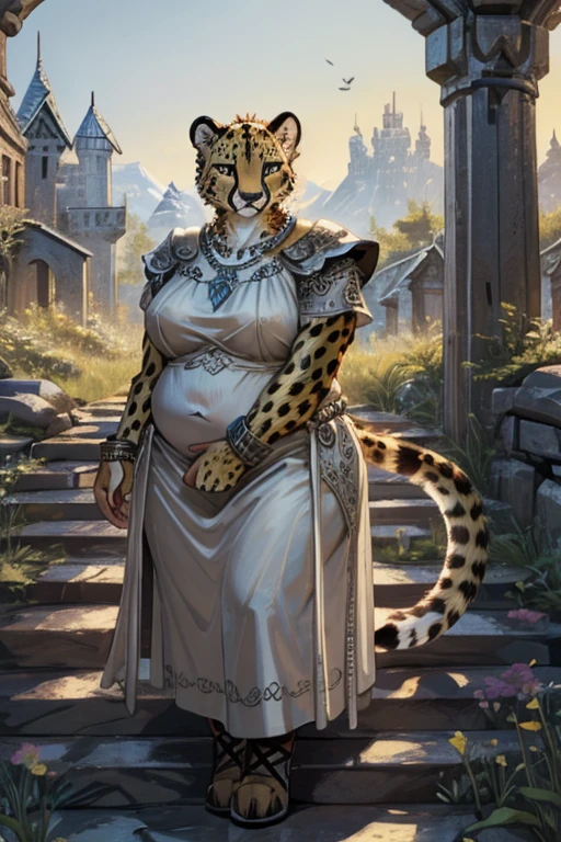 ((best quality, masterpiece, perfect anatomy, detailed picture)), 1female, cheetah, breasts, thick thighs, sexy body, Nightingale outfit, (Skyrim), legwear, fluffy tail, red blushing, domineering, in the ruins, Female cheetah, fat, fat belly, fat thighs, fat arms, lovehandles, big breasts, silver eyes, golden yellow fur, black cheetah markings, silver dress, silver earrings, silver bracelets, silver rings, silver necklaces