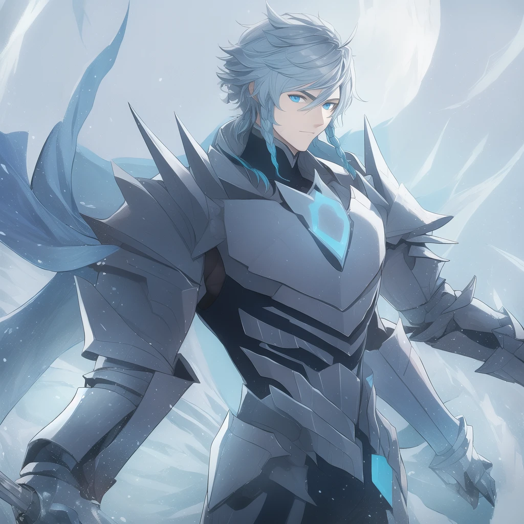 A man who is half ice wolf and wears elegant armor and a sword 