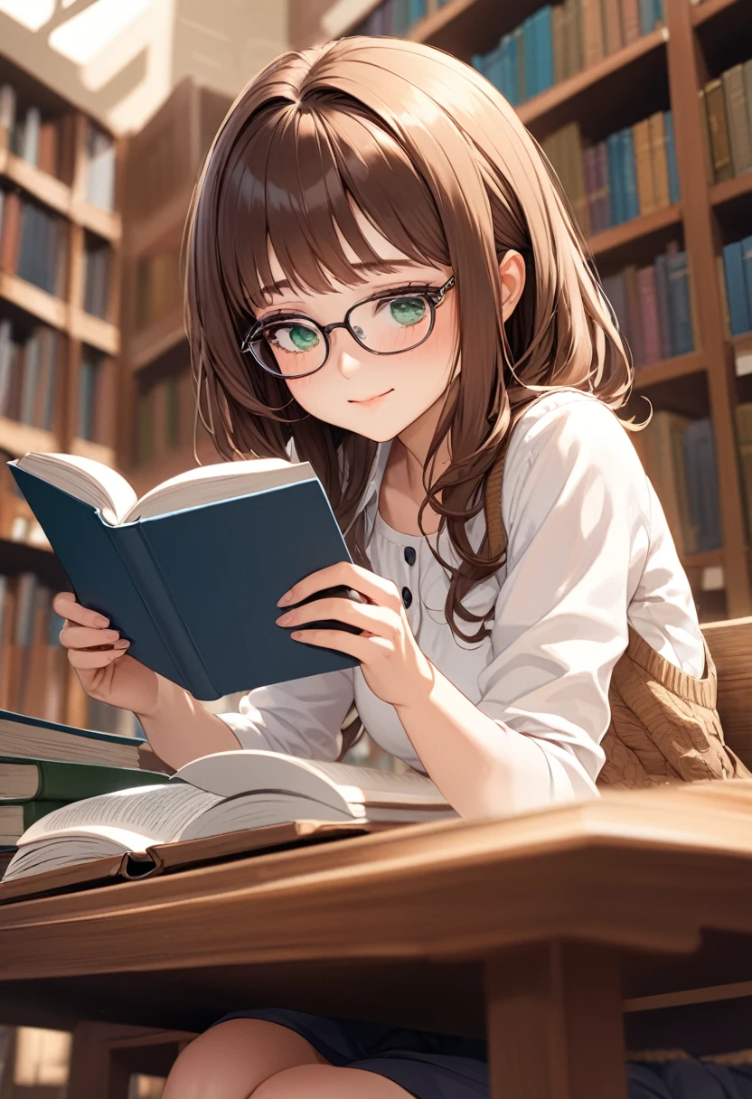 detailed illustration ,dynamic angle, ultra-detailed, detailed eyes, detailed face, 1girl, sitting down, legs on table, reading book, long brown hair, glasses, green eyes, small smile, shy, blushing, horny, library,