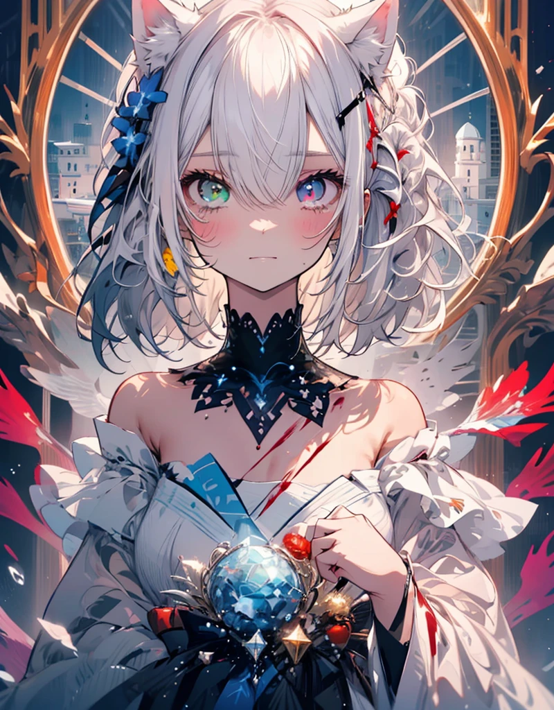 [[[ ultra-detailed, best quality, soft skin, beautiful, 4K]]] white hair, ((white cat ears)), ((one perfect demon red and black eye)) , ((white and blue eye)) ,((heterochromia)), tied-up hair, slender body, dynamic angle, white choker, white and blue upper loose kimono (off shoulders kimono ) , ((half evil expression)) , ((half sad expression)) , female, snowy palace gardens background, serious, blood on snow). walking angle, ((little horny smile)), bare shoulders,  easy like, scenery, sexy pose, blood tears from one eye, normal watwr tears from the other eye, half face good, half face evil