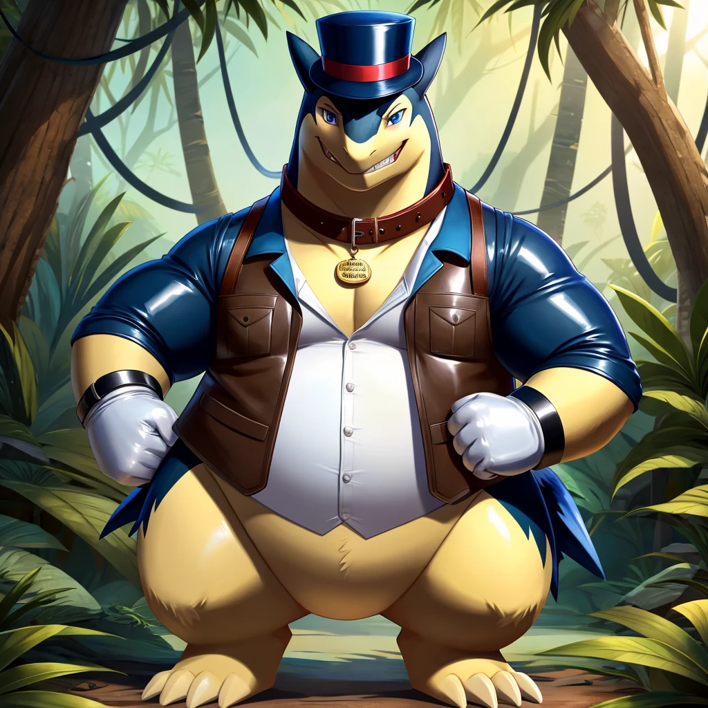Solo, Male, fat, extremely obese, gentleman, dapper Professor Typhlosion, blue eyes, (posing:1.3), (soft shading), 4k, hi res, ((detailed face, detailed)), looking at viewer, evil grin, jungle, forest, collared shirt with buttons, top hat, male focus, Explorer Outfit, glasses, monocle, bag, vest with buttons, backpack, sleeves rolled up, round eyewear, brown headwear, brown vest, Typhlosion is wearing a glossy leather dog collar around the neck, Typhlosion is wearing the leather collar and shirt and vest at the same time, Typhlosion is wearing glossy white rubber gloves on the hands, wearing white rubber gloves on the feet, Typhlosion is wearing glossy white cuffs around the wrists, gold cufflinks gloves are rubber in texture, clenching teeth, clenching fists, leather collar is glossy and shiny with a lot of detail, Typhlosion is wearing gloves and cuffs and cufflinks at the same time, leather collar has a round dog-tag, leather collar is thick and detailed.