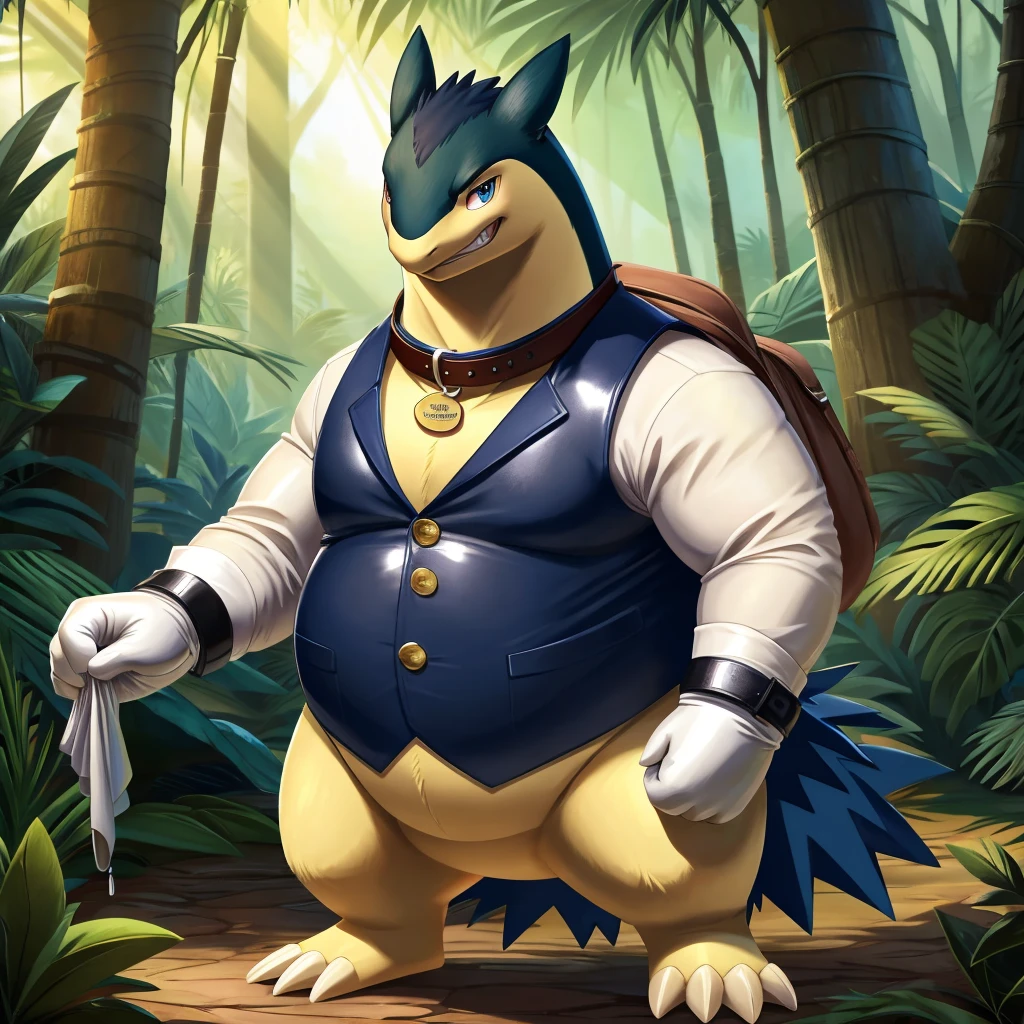 Solo, Male, fat, extremely obese, gentleman, dapper Professor Typhlosion, blue eyes, (posing:1.3), (soft shading), 4k, hi res, ((detailed face, detailed)), looking at viewer, evil grin, jungle, forest, collared shirt with buttons, top hat, male focus, Explorer Outfit, glasses, monocle, bag, vest with buttons, backpack, sleeves rolled up, round eyewear, brown headwear, brown vest, Typhlosion is wearing a glossy leather dog collar around the neck, Typhlosion is wearing the leather collar and shirt and vest at the same time, Typhlosion is wearing glossy white rubber gloves on the hands, wearing white rubber gloves on the feet, Typhlosion is wearing glossy white cuffs around the wrists, gold cufflinks gloves are rubber in texture, clenching teeth, clenching fists, leather collar is glossy and shiny with a lot of detail, Typhlosion is wearing gloves and cuffs and cufflinks at the same time, leather collar has a round dog-tag, leather collar is thick and detailed.