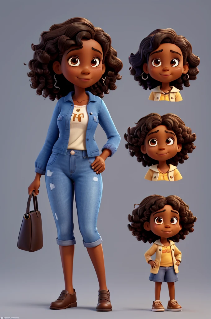 create a full body character, 50 year old black woman, with dark brown curly hair below the shoulders, She has a slightly curved nose, slightly accentuated cheekbone, she has a blue outfit, brown dark eyes, Ela deve estar sorrindo, as if there was a purpose to fulfill, in pixar cartoon style