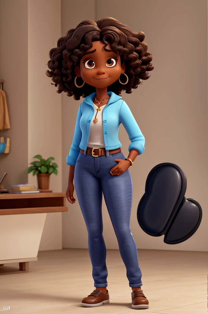 create a full body character, 50 year old black woman, with dark brown curly hair below the shoulders, She has a slightly curved nose, slightly accentuated cheekbone, she has a blue outfit, brown dark eyes, Ela deve estar sorrindo, as if there was a purpose to fulfill, in pixar cartoon style
