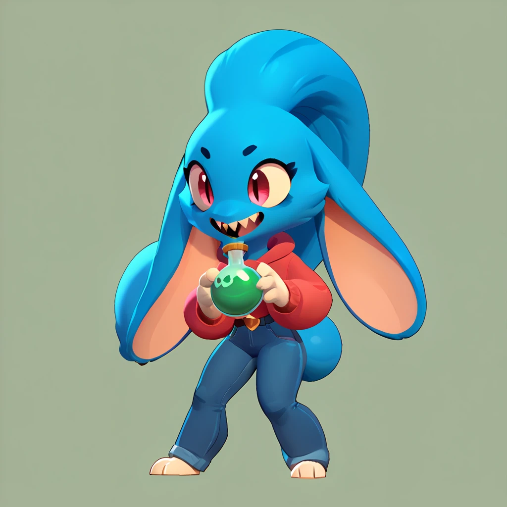 Full body view from a round creature with blue fur, female, long ears, smiling, sharp teeth, wearing jeans, friendly round creature, holding a green potion in his hand