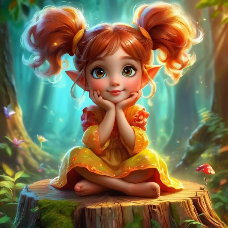 Close-up of a girl, sitting on a stump in the forest, charming digital painting, cute detailed digital art, Cute digital art, children's creativity in artstation, little Elf, Cute little troll, Digital Cartoon Painting, pixie character, Cute cartoon character, Realistic picture of a cute girl, Elf, digital painting cartoon, beautiful digital images, cute forest creature