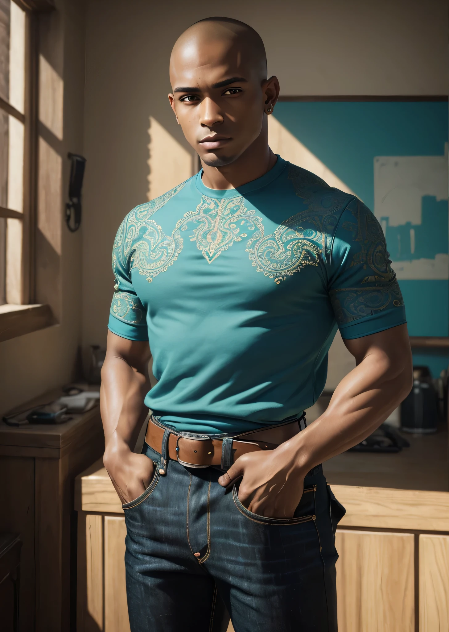 ((masterpiece)), ((HD)), ((high res)), ((solo portrait)), ((waist-up)), ((front view)), ((cartoon aesthetic)), ((detailed shading)), ((intricate details)), ((cinematic lighting)), {(young man), (brown skin), (shaved head), (brown eyes), (short eyelashes), (defined muscles), (calm expression)}, {teal shirt, blue jeans}, {(standing), (looking at viewer)}, [ambient lighting, city, sun rays]