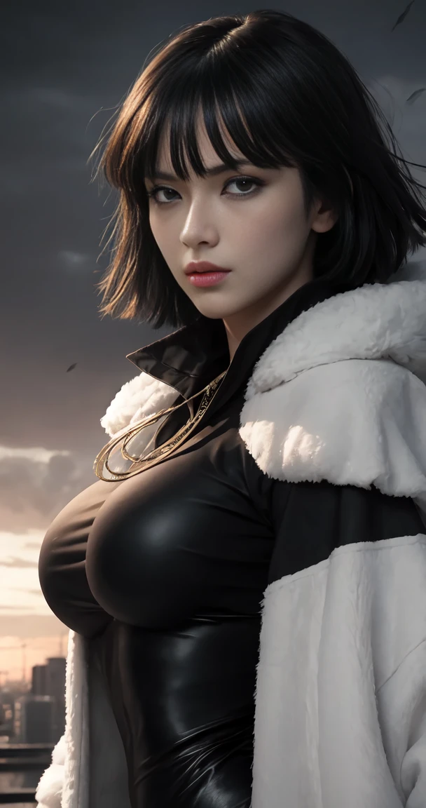 FUBUKI, (BLACK HAIR), Straight hair, TAUT CLOTHES, FUR COAT, JEWELRY, NECKLACE, long face, short hair, straight hair, (photorealistic:1.2), (masterpiece), best quality, (detailed face:1.4), raw photo, ultra realistic 8k, perfect artwork, (background violent tornado and storm :1.2),BREAK, photography,masterpiece,best quality,HDR,highres,realistic details,8K,HDR,highres,absurdres,1girl fly in the air, fubuki,expressionless, tiny breasts,masterpiece,ultra realistic,32k,extremely detailed CG unity 8k wallpaper, best quality