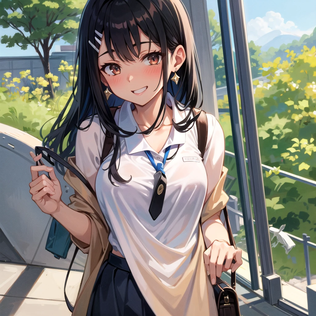 ((best quality)), ((masterpiece)), (details), one girl, sexy ((best quality)), ((masterpiece)), (details), one girl, sexy ((best quality)), ((masterpiece)), (details), one girl, full body, sexy expensive body, expensive, long legs, mature woman, mature, adult, it_nagatoro_main, Nagatoro Hayase, one girl, blushing, alone, uniform polo shirt, black hair, bag, brown eyes, hair accessory, looking at viewer, hair clip, outdoors, backpack, smiling, long hair, dark skinned woman, dark skin, , bangs, daytime, skirt, collared shirt, collarbone, ear clip, mouth closed, tree, asymmetrical bangs, upper body