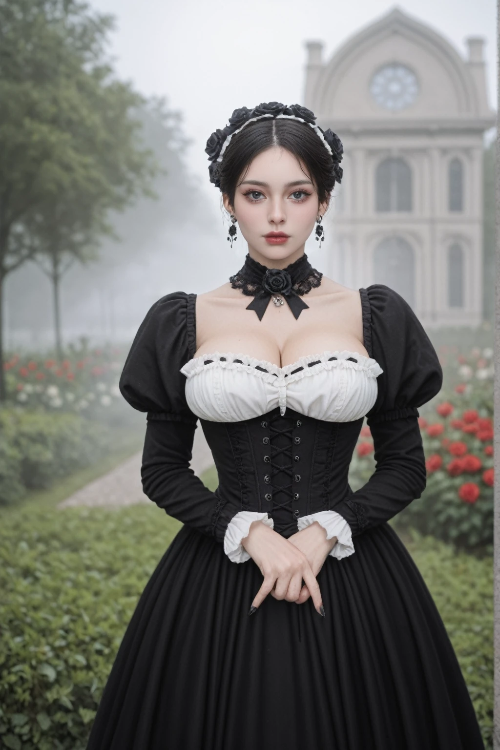score_9,score_8_up,score_7_up, highly detailed, highly detailed, 1 girl, solo, standing, cleavage, big breast, victorian, earring, fantasy, gothic, mist, dark, flower garden, drab color palette, black rose, looking at viewer