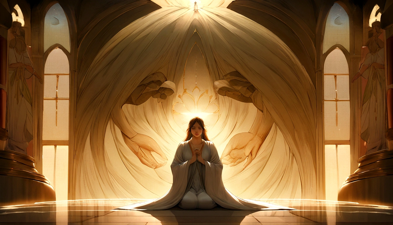Imagine a high resolution, imagem fotorrealista que captura primorosamente uma pessoa genuinamente orando. The person is kneeling with both hands carefully joined together, in a gesture of deep devotion. The backlight is absolutely realistic, emanando de uma fonte celeste e enchendo a cena com um suave, brilho natural. Every detail of the picture is offered, from the wrinkles on the subject's hands to the subtle nuances of shadow and light on their face. Image quality is exceptional, com texturas, Cores and details that seem to pop out of the screen. This image is a stunning representation of faith and spirituality, capable of touching the heart of those who contemplate it, roupas brancas