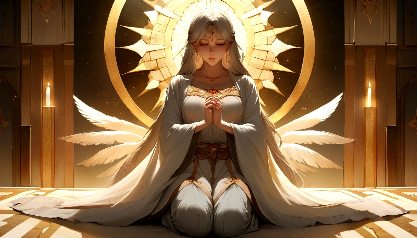 Imagine a high resolution, imagem fotorrealista que captura primorosamente uma pessoa genuinamente orando. The person is kneeling with both hands carefully joined together, in a gesture of deep devotion. The backlight is absolutely realistic, emanando de uma fonte celeste e enchendo a cena com um suave, brilho natural. Every detail of the picture is offered, from the wrinkles on the subject's hands to the subtle nuances of shadow and light on their face. Image quality is exceptional, com texturas, Cores and details that seem to pop out of the screen. This image is a stunning representation of faith and spirituality, capable of touching the heart of those who contemplate it, roupas brancas
