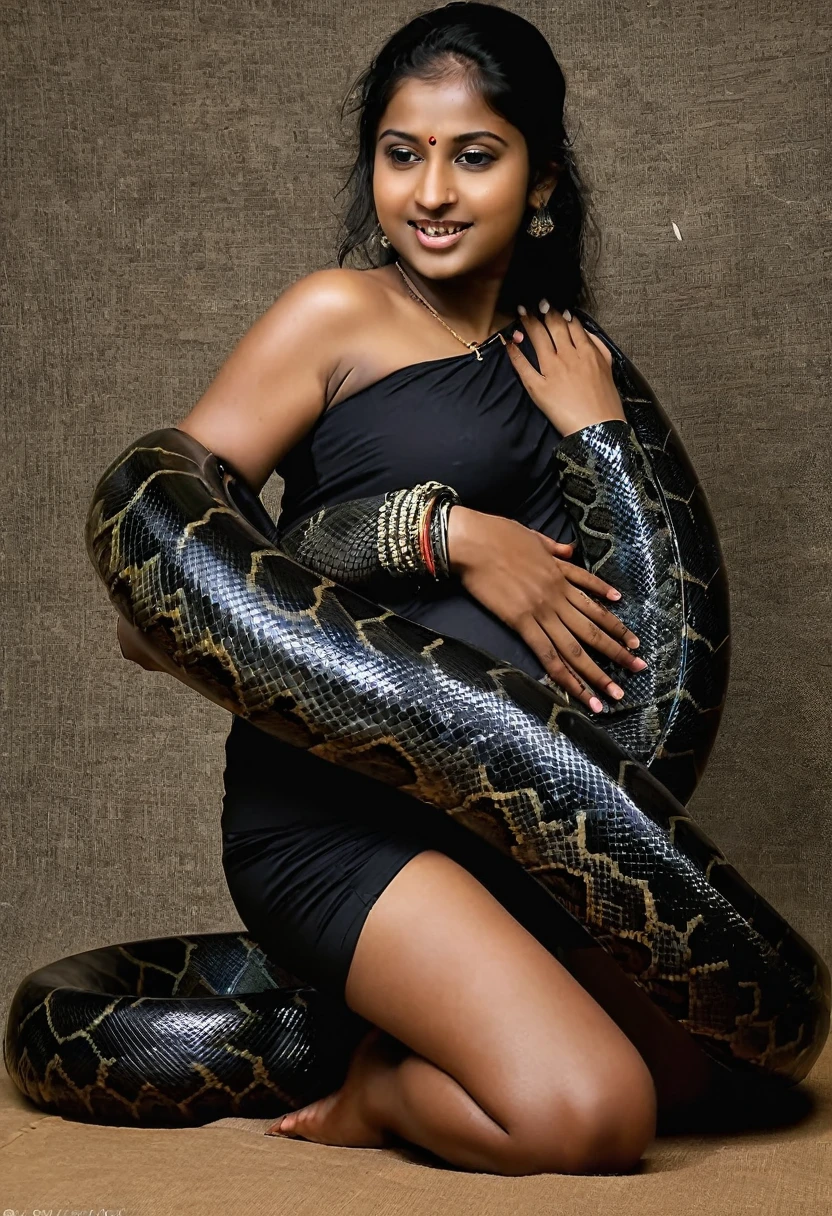 Pregnant Happy Horny, aroused 1girl), beautiful kneeling Indian young teen girl with giant colossal black titanboa squeezing her hard, wrapped in thick spiraling coils, constricted, struggle, gasping for air, snake attack, snake peril, moonless night, dim light