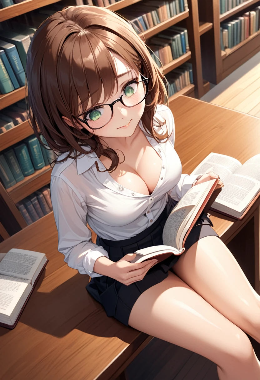 detailed illustration ,dynamic angle, ultra-detailed, detailed eyes, detailed face, 1girl, sitting down, legs on table, reading book, long brown hair, glasses, green eyes, small smile, shy, blushing, horny, library, short black skirt, white blouse, cleavage, medium breasts, from above