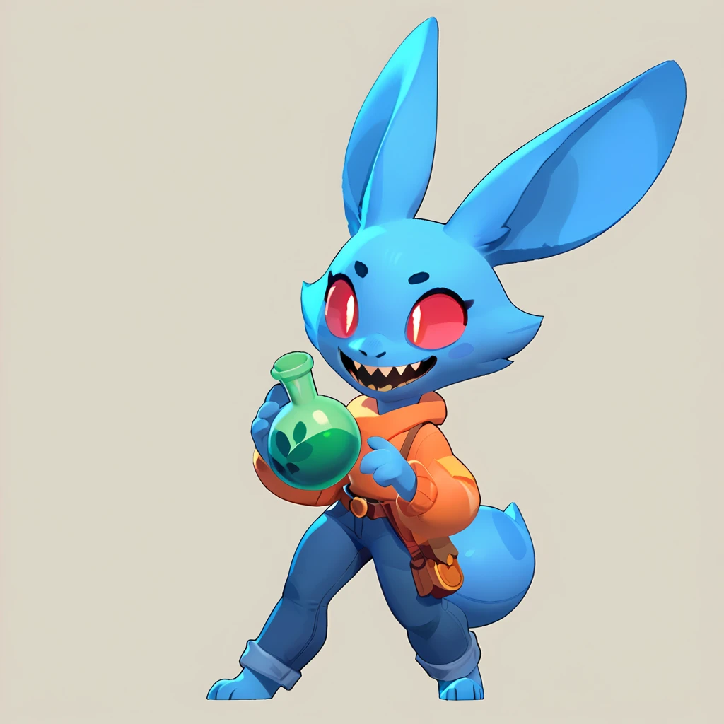 Full body view from a round creature with blue fur, female, long ears, smiling, sharp teeth, wearing jeans, friendly round creature, holding a green potion in his hand