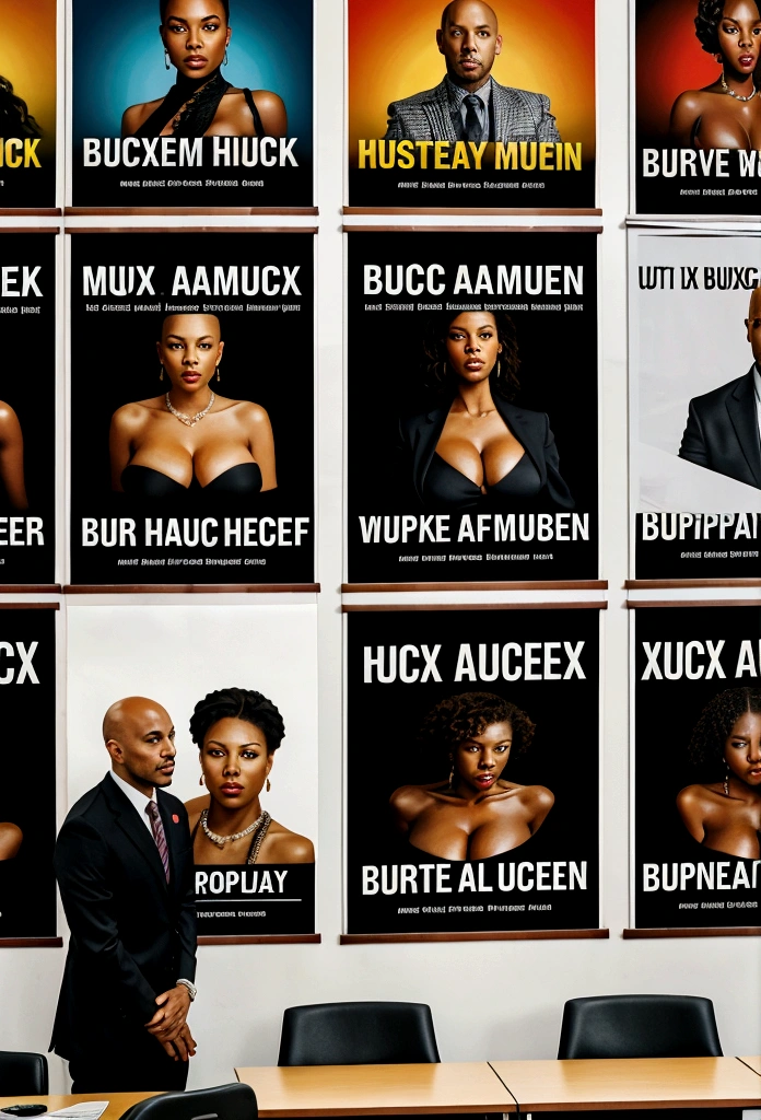 bald black man hip hop executive in suit and tie in a large conference room with ((posters of exposed very busty women:1.3)).