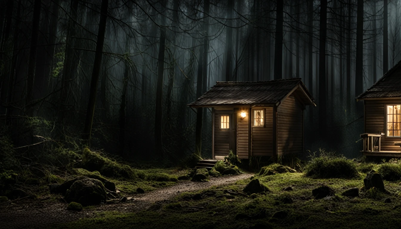 The front of a simple, small house in the forest on a dark night with little lighting at all