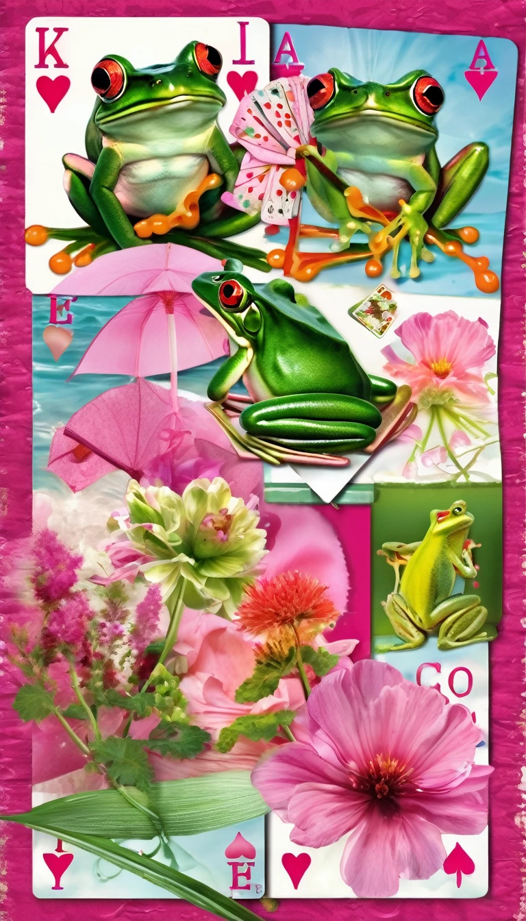 summer collage, frogs, bow, play cards, pink elements, deep colors