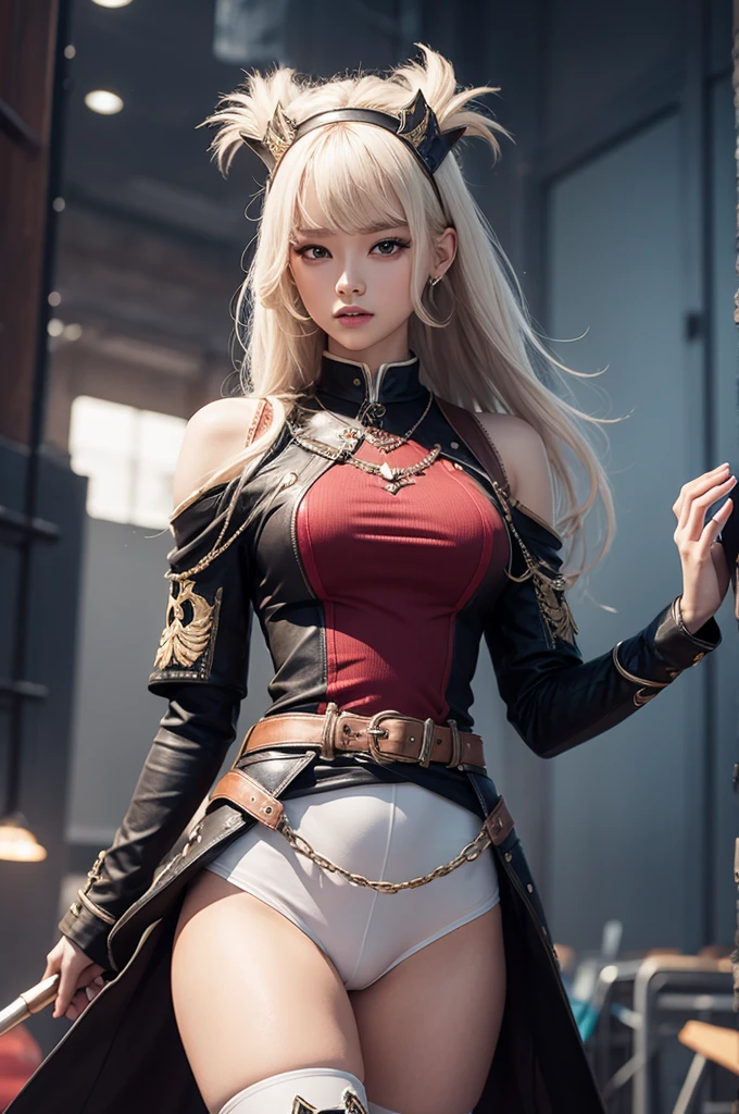 Jinah, a young Korean samurai woman in her twenties, possesses an imposing yet graceful presence. Her long hair, styled like that of a kunoichi, is platinum blonde. Her deep brown eyes, almost black, hold a wise and determined gleam. Her face is fine and well-defined, reminiscent of Korean K-pop idols. Her expression is serious but can soften in the presence of those she protects. Her skin is fair and pale. She has an athletic and well-proportioned physique, with a few pleasant feminine curves. She is dressed with a samurai light armor. Ambiance sombre by Yang J, Guweiz, (best quality, 4k, highres, masterpiece:1.2), ultra-detailed, (realistic, photorealistic:1.37), HDR, UHD, studio lighting, ultra-fine painting, sharp focus, physically-based rendering, extreme detail description, professional, vivid colors, bokeh, portraits, landscape, horror, anime, sci-fi, photography, concept artists, vibrant color tones, atmospheric lighting