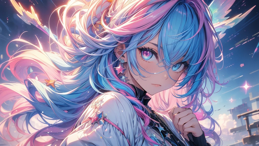(Masterpiece ,、maximum quality、maximum quality、watercolor art(during)、Official Art、beautiful and aesthetic:1.2)、(1 girl:1.3)、(fractal art:1.3)、whole body、pupilas en forma de Star,、pattern、((Iridescent hair、colorful hair、half blue and half pink hair:1.2))、water、liquid、clouds、showy、noche Starda、Star、angry face、glasses、Write、heterochromia, (showy:1.5)、galaxiairando las Stars、anger