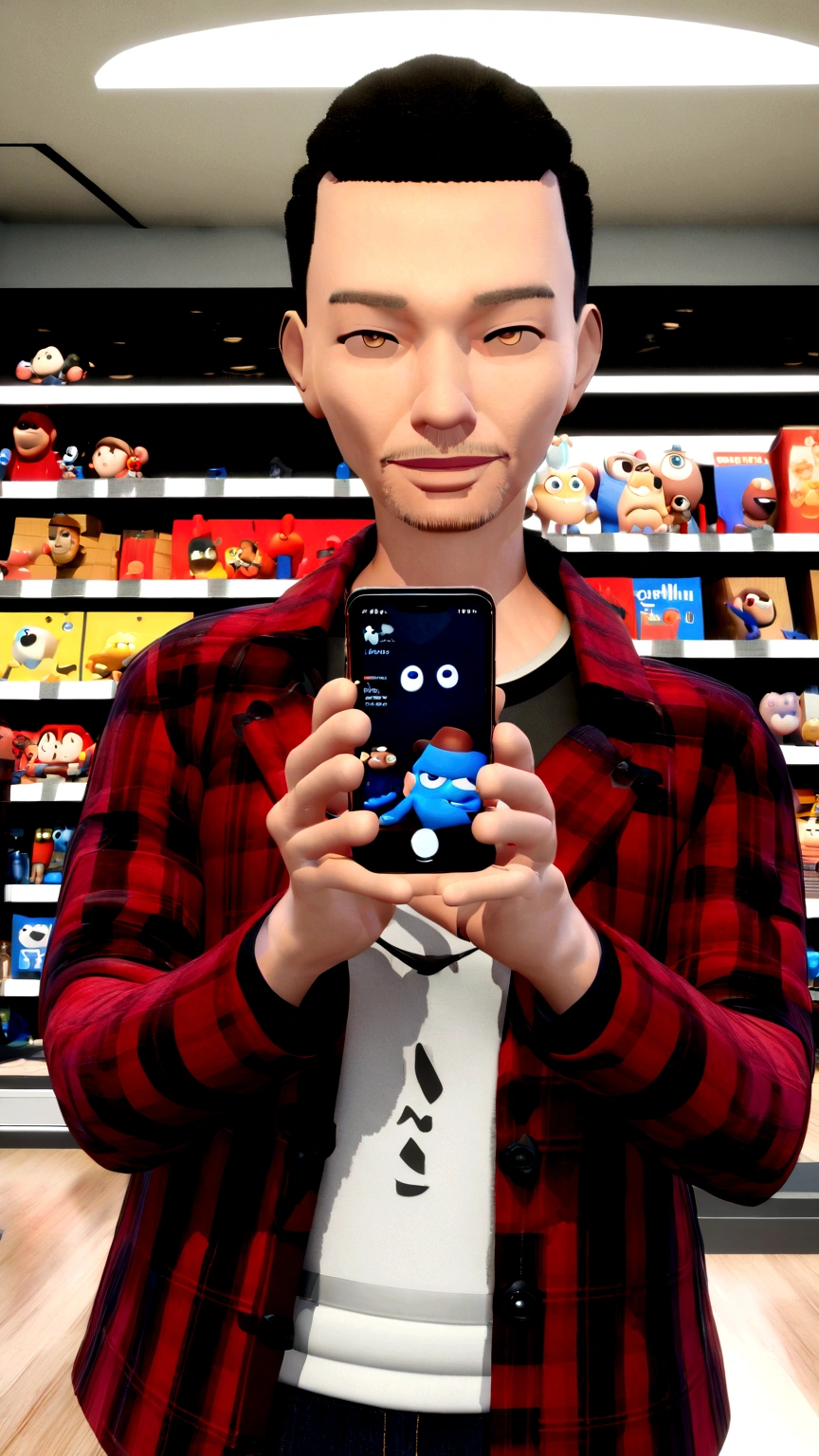 Cartoon character a man in a red and black checkered coat holding a black iPhone in his hand, firm and elegant posture, erect body without stooping. A lively character. Background of the image is a store with shelves full of technological products. Animation style rendering, 3D stylized, Stylized 3D rendering, toon render screenshot, 3D Character, 3D Character, Stylized 3D rendering, 3D character rendering, cartoon character, Close up character, Character pose, (Pixar style) (master part:1.2) (bokeh) (best quality) (detailed skin) (detailed texture) (8K) (clay) (cinematic lighting) (sharp focus,Sits and leaks upper body