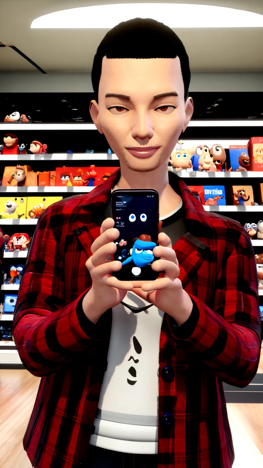 Cartoon character a man in a red and black checkered coat holding a black iPhone in his hand, firm and elegant posture, erect body without stooping. A lively character. Background of the image is a store with shelves full of technological products. Animation style rendering, 3D stylized, Stylized 3D rendering, toon render screenshot, 3D Character, 3D Character, Stylized 3D rendering, 3D character rendering, cartoon character, Close up character, Character pose, (Pixar style) (master part:1.2) (bokeh) (best quality) (detailed skin) (detailed texture) (8K) (clay) (cinematic lighting) (sharp focus,Sits and leaks upper body