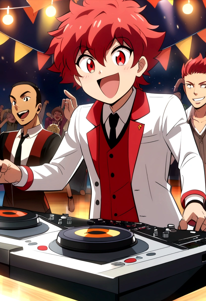 anime style, Furro, red eyed boy, dj, happy, Argentinian