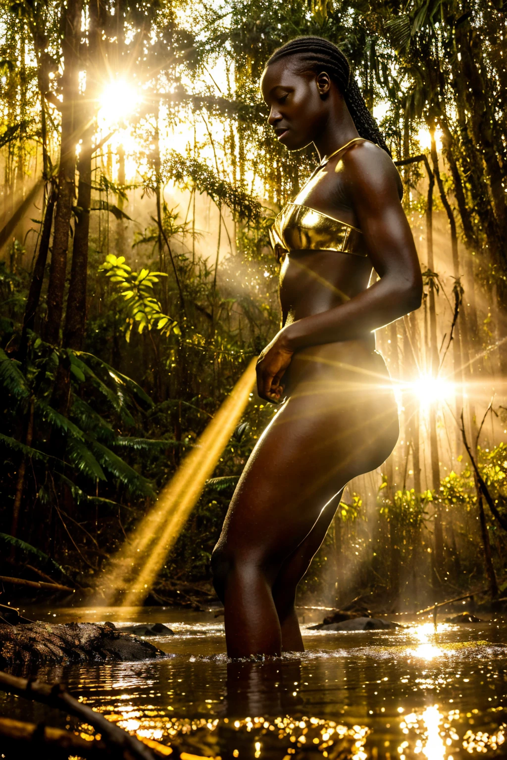 Water, African beautiful spirit woman, liquid gold clothes, rainforest, on background forest fires, RAW photo, fov, lens flare, god rays, overlay, volumetric fog, cinematic light, depth of field, epic, Realism, wallpaper, detailed, small details, intricate, 8k hdr, golden ratio, asymmetry, artwork, best quality