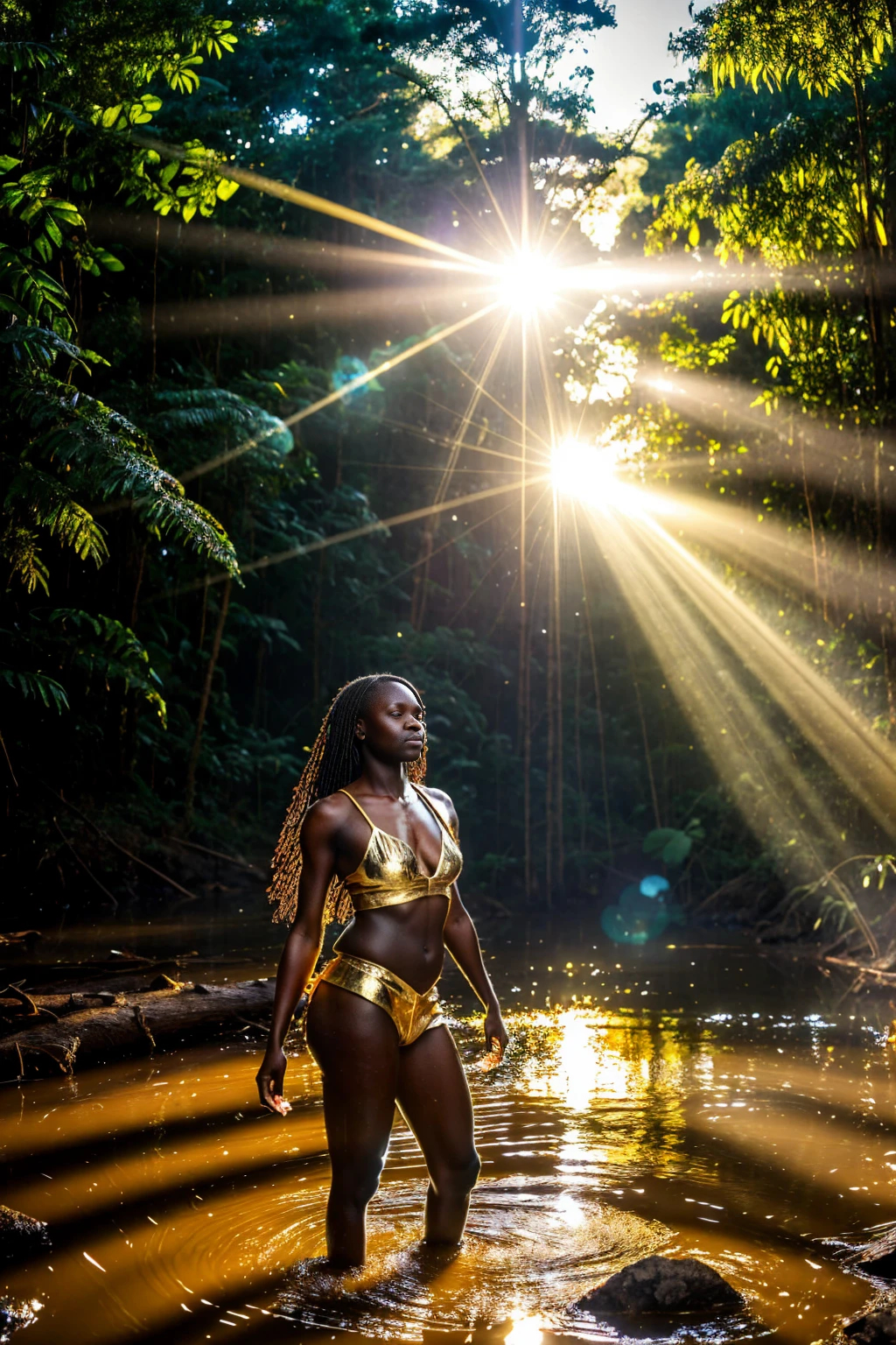 Water, African beautiful spirit woman, liquid gold clothes, rainforest, on background forest fires, RAW photo, fov, lens flare, god rays, overlay, volumetric fog, cinematic light, depth of field, epic, Realism, wallpaper, detailed, small details, intricate, 8k hdr, golden ratio, asymmetry, artwork, best quality