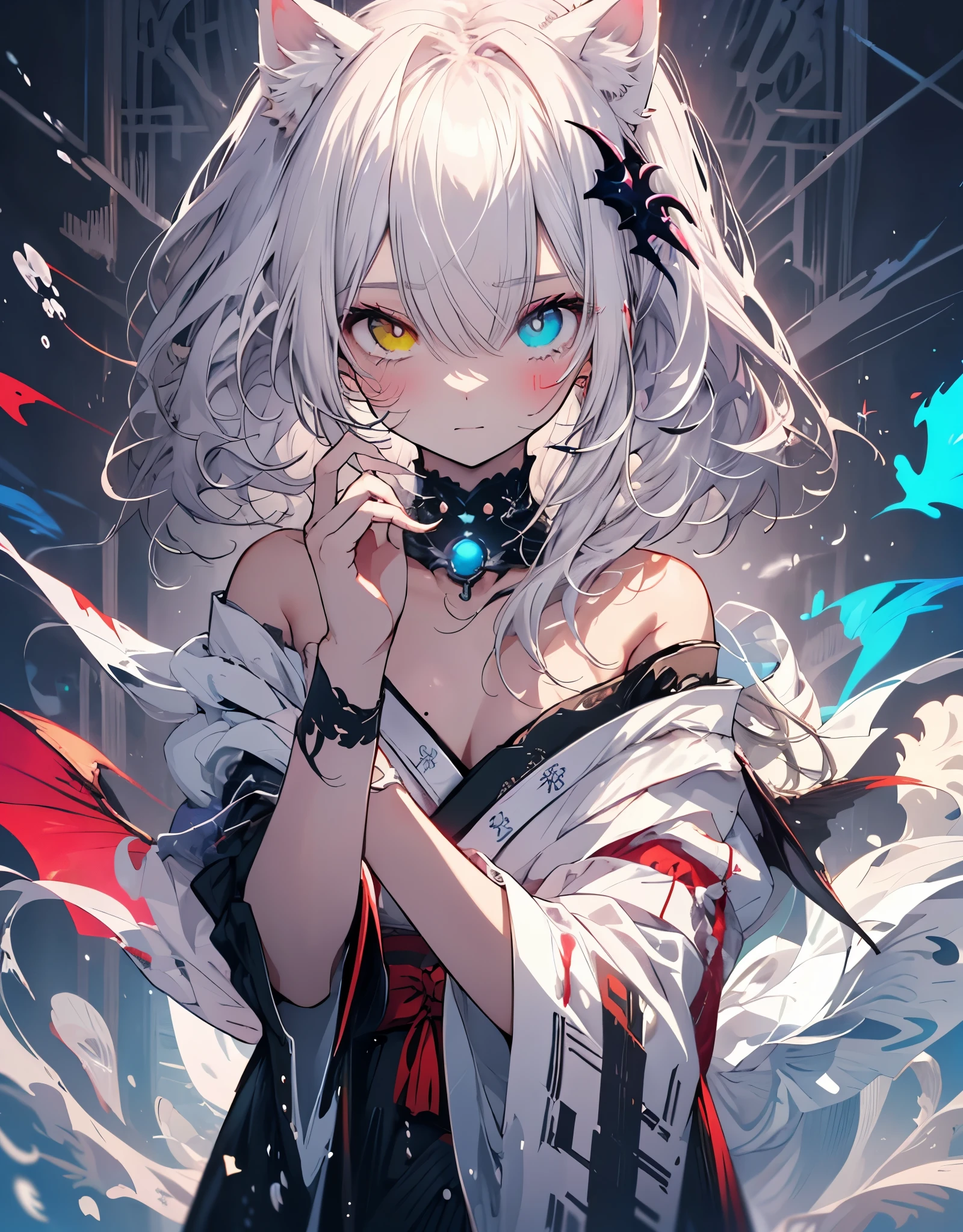 [[[ ultra-detailed, best quality, soft skin, beautiful, 4K]]] white hair, ((white cat ears)), ((one perfect demon red and black eye)) , ((white and blue eye)) ,((heterochromia)), tied-up hair, slender body, dynamic angle, white choker, white and blue upper loose kimono (off shoulders kimono ) , ((half evil expression)) , ((half sad expression)) , female, snowy palace gardens background, serious, blood on snow). walking angle, ((little horny smile)), bare shoulders,  easy like, scenery, sexy pose, blood tears from one eye, normal watwr tears from the other eye, half face good, half face evil