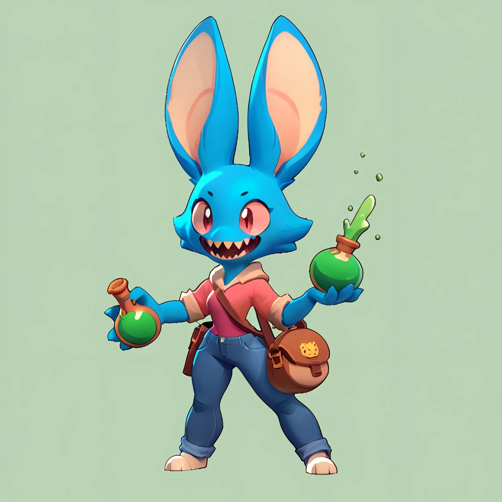 Full body view from a round creature with blue fur, female, long ears, smiling, sharp teeth, wearing jeans, friendly round creature, holding a green potion in his hand