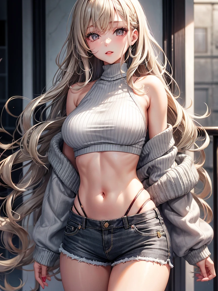 ​masterpiece, highest quality, pixiv, cooles Girl, topless, (((Close up POV full body portrait, sexy seductive slutty pose:1.2))), Lips in love, blonde hair, curly blonde hair ,pony tail, blunt bangs, straight bangs, blue eyes, White skin, Girl, improve,Look at the Beholder, smile, 