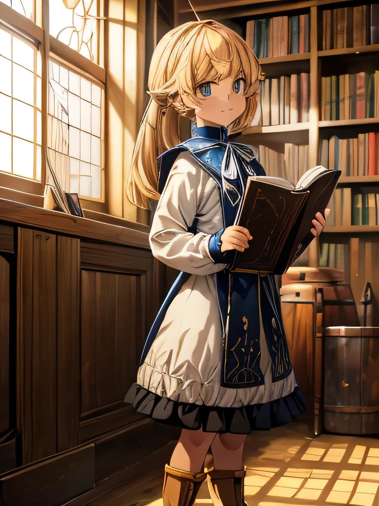 Kizi , HAIR GOLD , null ,  , Grinning , in a medieval classroom , Brown Shoe , white stockings, eyes locked, puffed chest, picking up a book from the shelf 