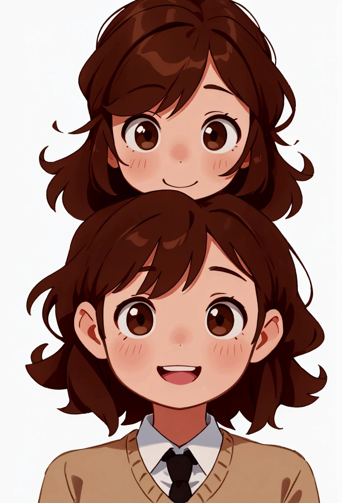Man 1, Brown hair, brown eyes, looking at the viewer laughing, 