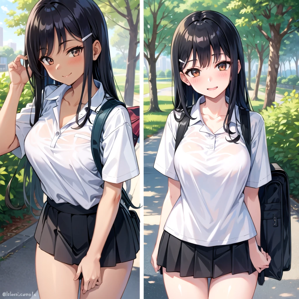((best quality)), ((masterpiece)), (details), one girl, sexy ((best quality)), ((masterpiece)), (details), one girl, sexy ((best quality)), ((masterpiece)), (details), one girl, full body, sexy expensive body, expensive, long legs, mature woman, mature, adult, it_nagatoro_main, Nagatoro Hayase, one girl, blushing, alone, uniform polo shirt, black hair, bag, brown eyes, hair accessory, looking at viewer, hair clip, outdoors, backpack, smiling, long hair, dark skinned woman, dark skin, , bangs, daytime, skirt, collared shirt, collarbone, ear clip, mouth closed, tree, asymmetrical bangs, upper body