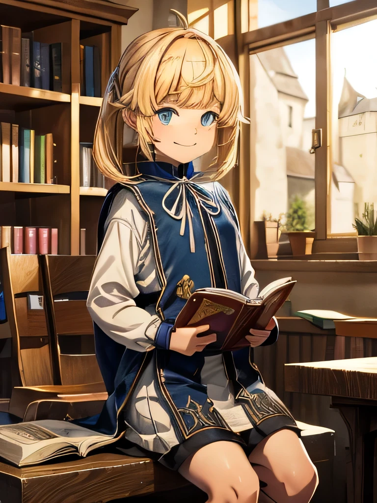 Kizi , HAIR GOLD , null ,  , Grinning , in a medieval classroom , Brown Shoe , white stockings, eyes locked, puffed chest, picking up a book from the shelf 