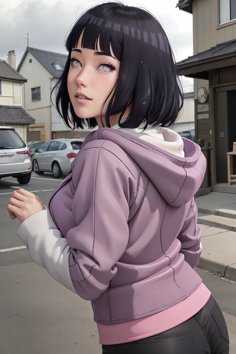 master part, absurdities, hinata\(boruto\), 1 girl, Alone,mature female, purple hood,layered sleeves, Brown jeans, outdoor, cloudy sky, perfect composition, detailed lips, big breasted, beautiful face, body proportion, blush, (pink lips), short black hair (black fur), lilac eyes, soft look, super realistic, detailed, Photoshoot, realistic face and body, realistic hair, realistic eyes, realistic nose, realistic lips, oversized black sweater, tight black leggings, cheered up, dancing lightly. on your back, with chin under shoulder, looking back sensually, sexy smile, Closed mouth. different pose.