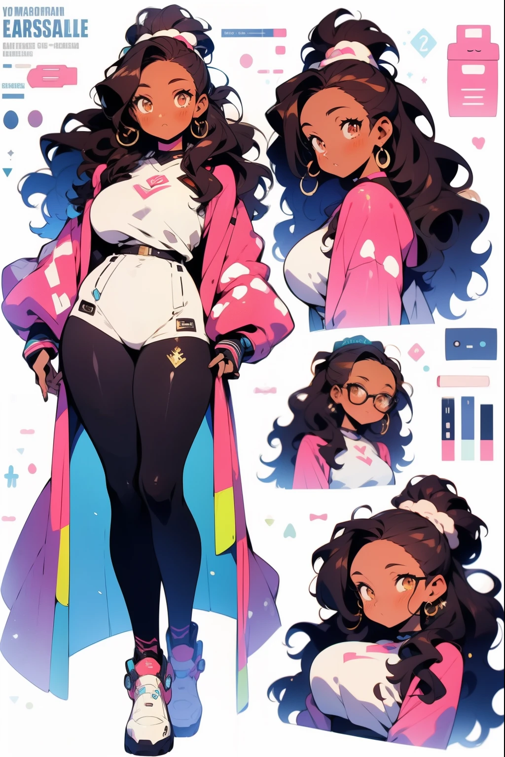 anime Dark-skinned young woman in an oversized fuzzy shirt large breasts , ilustrar, garota, estilo anime, Design de personagem, 2d, robot garota, pele escura, cabelo azul e branco, robotic, bonitinho, anime 2024,