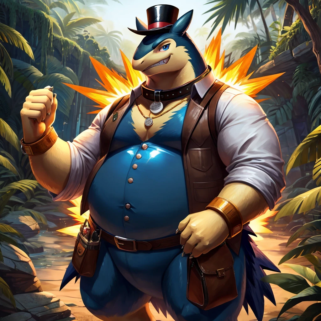 Solo, Male, fat, extremely obese, gentleman, dapper Professor Typhlosion, has a gloden belly-button piercing, blue eyes, (posing:1.3), (soft shading), 4k, hi res, ((detailed face, detailed)), looking at viewer, evil grin, jungle, forest, collared shirt with buttons, top hat, male focus, Explorer Outfit, glasses, monocle, bag, vest with buttons, backpack, sleeves rolled up, round eyewear, brown headwear, brown vest, Typhlosion is wearing a glossy leather dog collar around the neck, Typhlosion is wearing the leather collar and shirt and vest at the same time, Typhlosion is wearing glossy white rubber gloves on the hands, wearing white rubber gloves on the feet, Typhlosion is wearing glossy white cuffs around the wrists, gold cufflinks gloves are rubber in texture, clenching teeth, clenching fists, leather collar is glossy and shiny with a lot of detail, Typhlosion is wearing gloves and cuffs and cufflinks at the same time, leather collar has a round dog-tag, leather collar is thick and detailed.