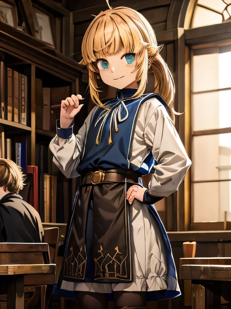 Kizi , HAIR GOLD , null ,  , Grinning , in a medieval classroom , Brown Shoe , white stockings, eyes locked, puffed chest, hand on the waist 