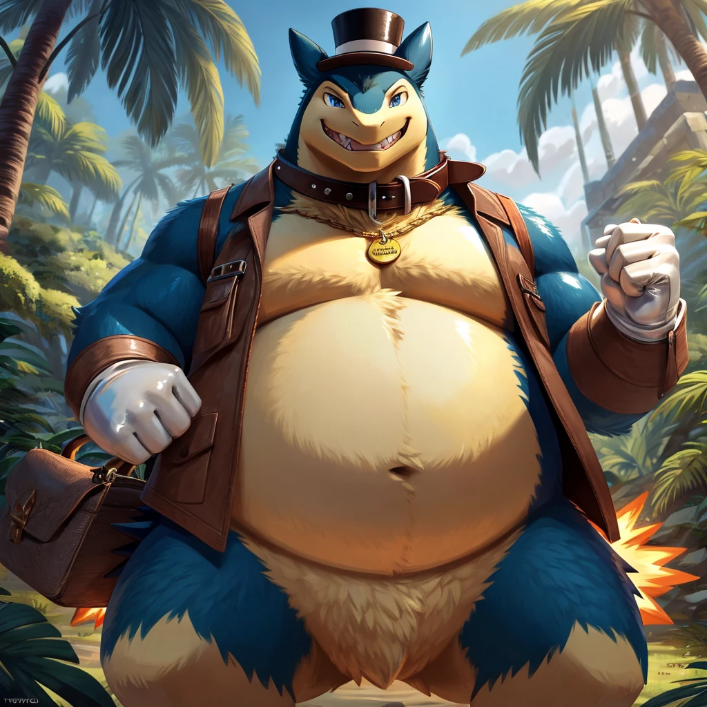 Solo, Male, fat, extremely obese, gentleman, dapper Professor Typhlosion, has a gloden belly-button piercing, blue eyes, (posing:1.3), (soft shading), 4k, hi res, ((detailed face, detailed)), looking at viewer, evil grin, jungle, forest, collared shirt with buttons, top hat, male focus, Explorer Outfit, glasses, monocle, bag, vest with buttons, backpack, sleeves rolled up, round eyewear, brown headwear, brown vest, Typhlosion is wearing a glossy leather dog collar around the neck, Typhlosion is wearing the leather collar and shirt and vest at the same time, Typhlosion is wearing glossy white rubber gloves on the hands, wearing white rubber gloves on the feet, Typhlosion is wearing glossy white cuffs around the wrists, gold cufflinks gloves are rubber in texture, clenching teeth, clenching fists, leather collar is glossy and shiny with a lot of detail, Typhlosion is wearing gloves and cuffs and cufflinks at the same time, leather collar has a round dog-tag, leather collar is thick and detailed.