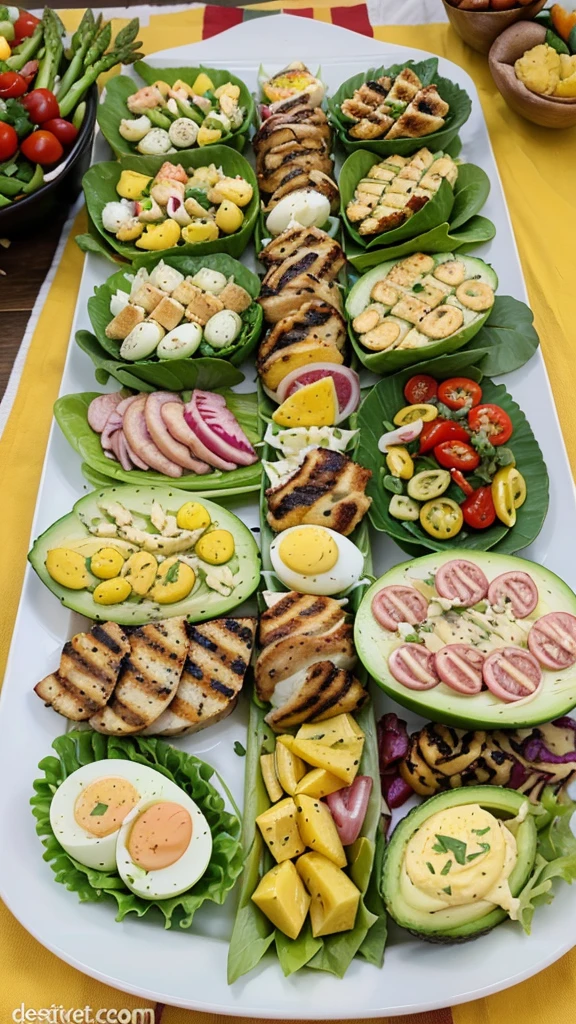 Colorful and Varied Keto Lunch Platter: A beautifully arranged platter with various keto-friendly foods, such as avocado, bacon-wrapped asparagus, deviled eggs, colorful salads, and grilled chicken. The vibrant colors and variety will catch the viewer’s eye.