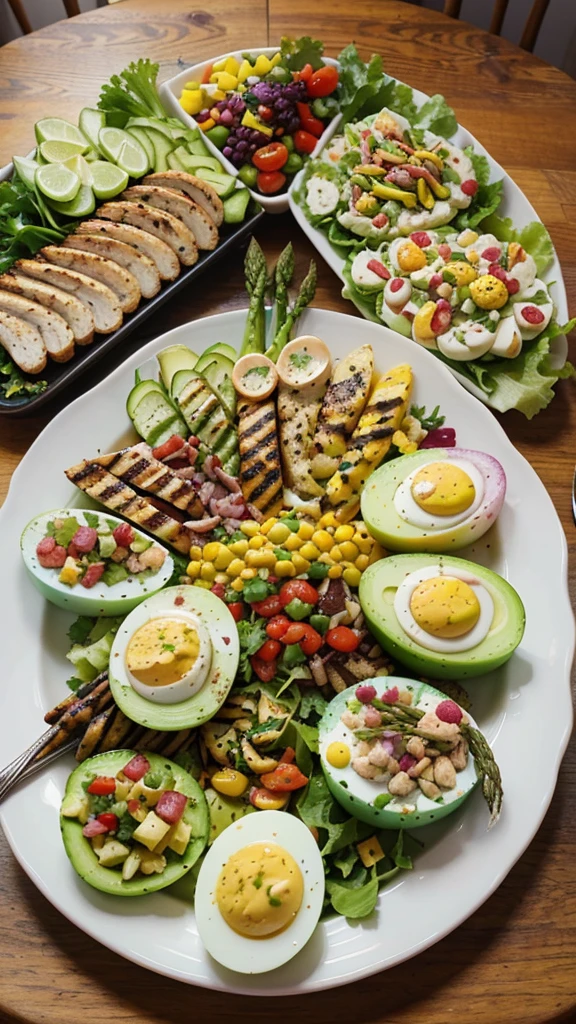 Colorful and Varied Keto Lunch Platter: A beautifully arranged platter with various keto-friendly foods, such as avocado, bacon-wrapped asparagus, deviled eggs, colorful salads, and grilled chicken. The vibrant colors and variety will catch the viewer’s eye.