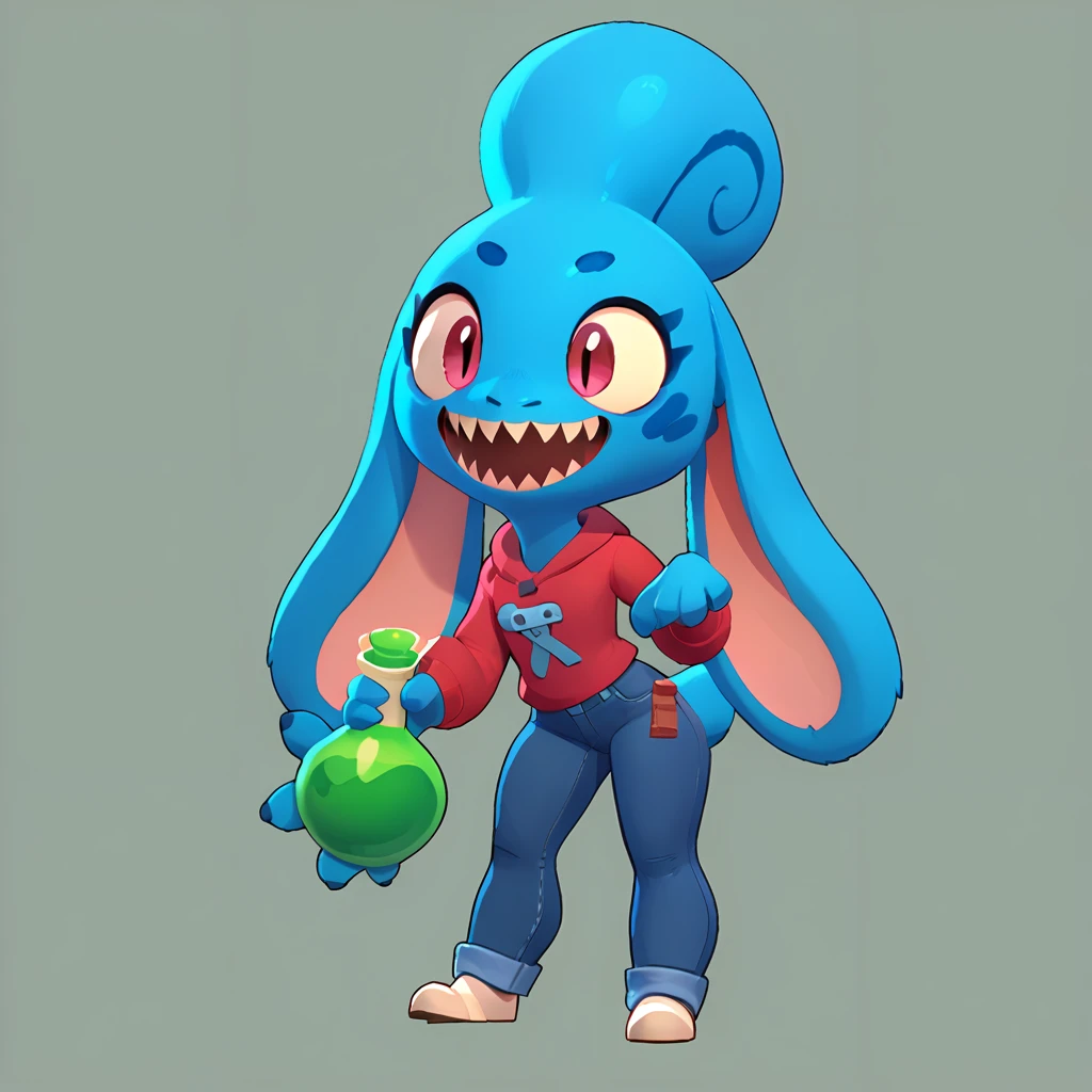 Full body view from a round creature with blue fur, female, long ears, smiling, sharp teeth, wearing jeans, friendly round creature, holding a green potion in his hand