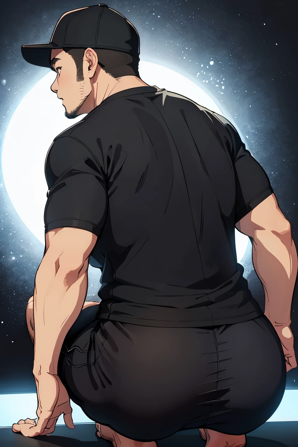 Back view of a crouching 35-year-old chubby man、Black Background、Black cap、Black T-shirt、whole body