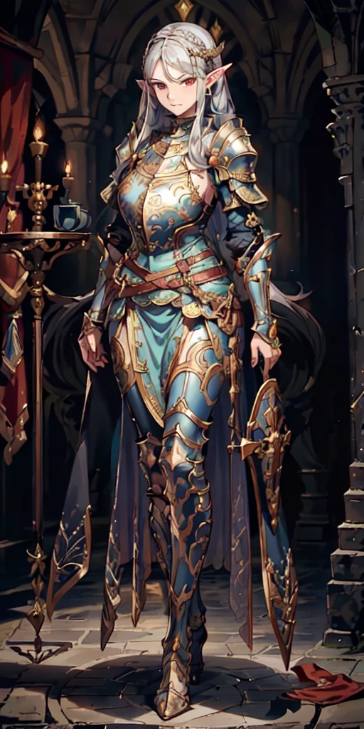 (Photorealistic:1.2), (Full plate gothic armor, breastplate, blue cloak, long full skirt, Covered legs ), detailed bright eyes, perfect features, (masterpiece), (Best quality:1.4), complex parts, wet skin, shiny skin, Glossy leather, (masterpiece, Best quality, good quality:1.4), complex parts, (detailed background, medieval city, blue sky), (Cinematic lighting, better lighting, Colorful), (1 girl, One, Elf, Glowing red eyes, short braided hair, silver hair, elven_ears, sharp face, serious face, thick_hips, big ass, very wide hip, , a stern look, slender body, perfect hand, high, gold hair ornament), arms crossed, Looking at the viewer