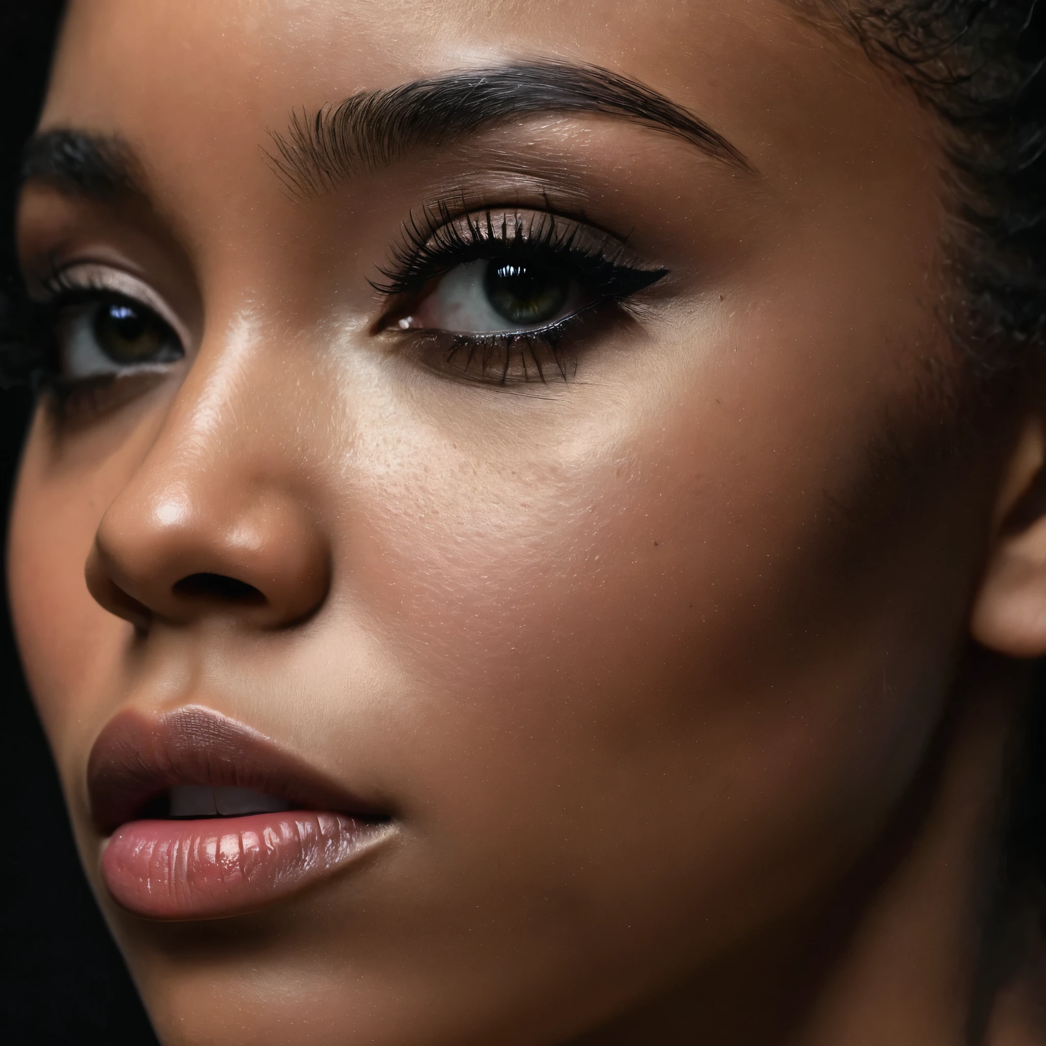 close up and zoomed in on a beautiful depressed emotional sad crying black girl and a black background, sad, depressed, emotional, close up on side profile only showing cheek and eyelight falling on face, noir photorealism, mysterious portrait of a woman, chiaroscuro portrait, close up on side profile, tinashe, zoe kravitz, zoomed in on tear drop, euphoria vibes, black and white, dark
