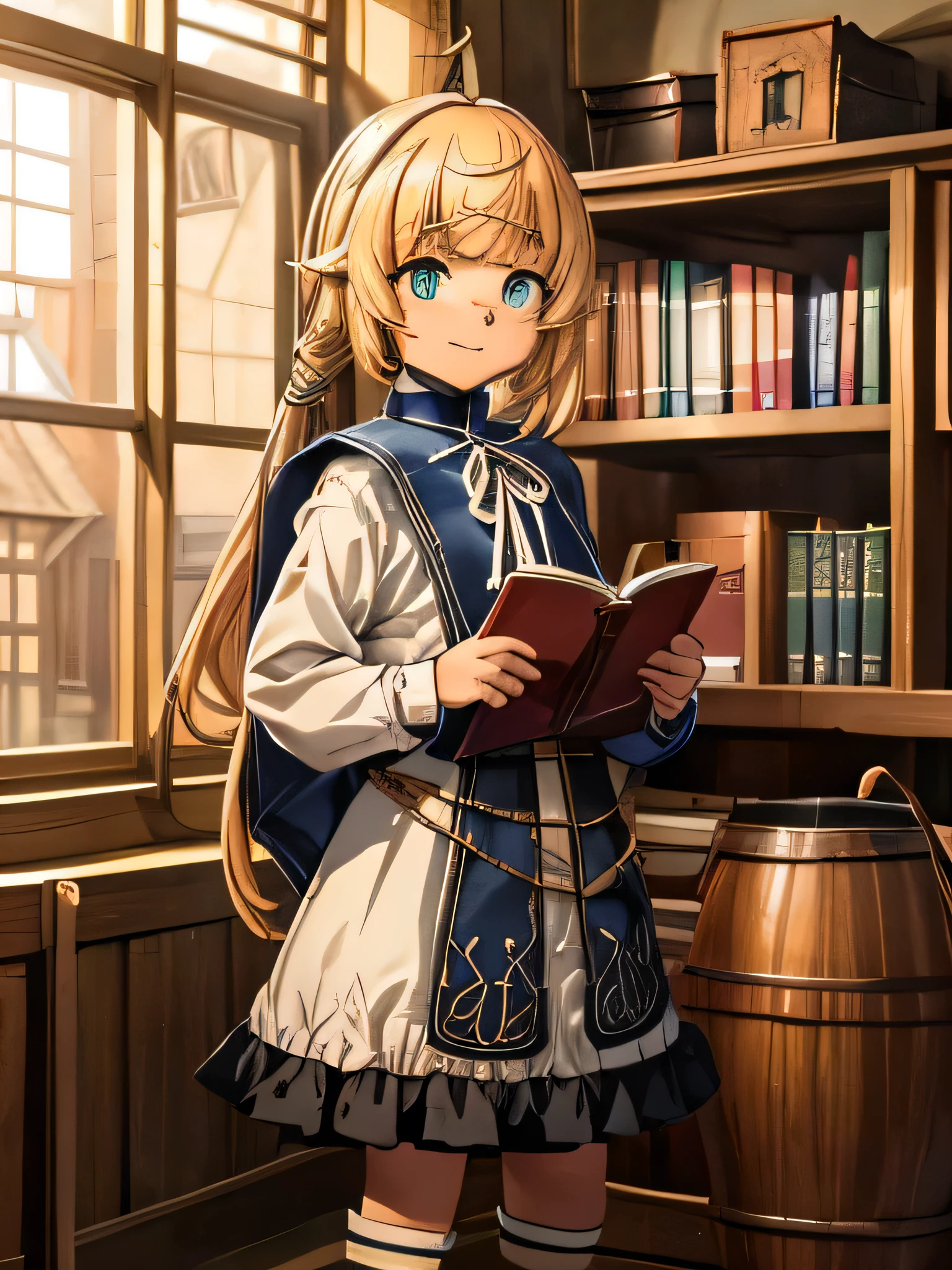 Kizi , HAIR GOLD , null , 12 year old , Grinning , in a medieval classroom , Brown Shoe , white stockings, eyes locked, puffed chest, picking up a book from the shelf 