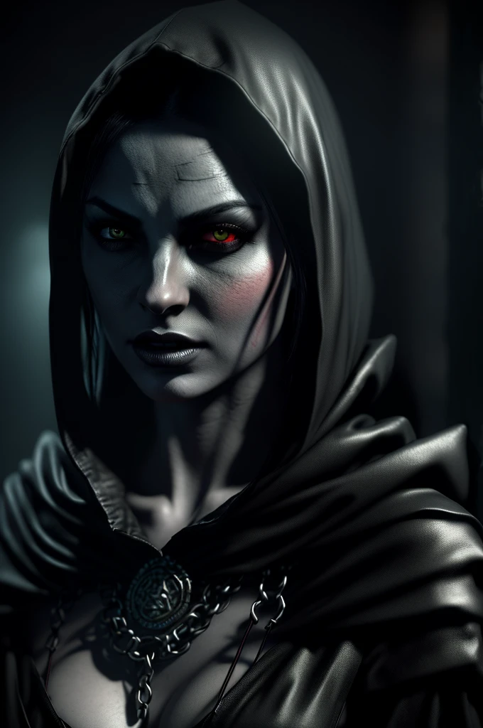 a dunmer necromancer/stealth hybrid worshiper of namira, highly detailed portrait, dramatic lighting, cinematic composition, dark fantasy, chiaroscuro, moody atmosphere, dramatic shadows, glowing magical energy, intricate details, expressive face, intense gaze, dark clothing, hood, mysterious, ominous, (best quality,4k,8k,highres,masterpiece:1.2),ultra-detailed,(realistic,photorealistic,photo-realistic:1.37)